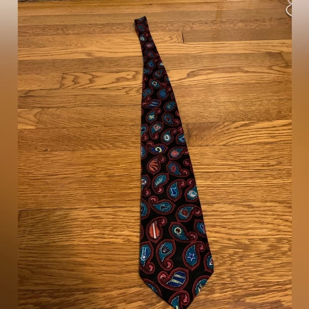 NFL Teams Logo Tie Paisley Black Logos All Over Print Mens Made In USA Silk